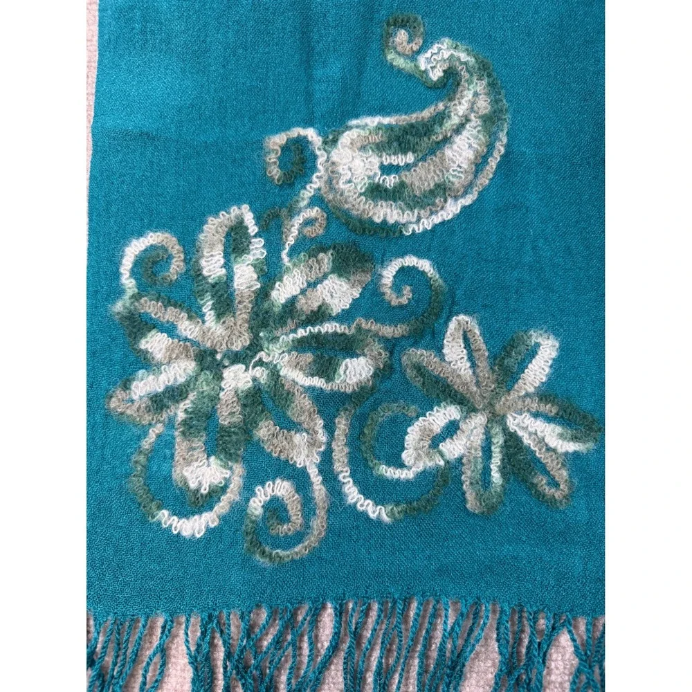 Coldwater Creek Teal Blue Floral Paisley Needle Felted Wrap Scarf Fringe Trim